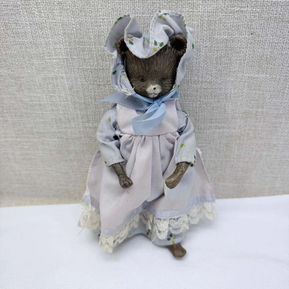 Vintage Miniature Bear Figurine in Blue Floral Dress and Bonnet 6.5